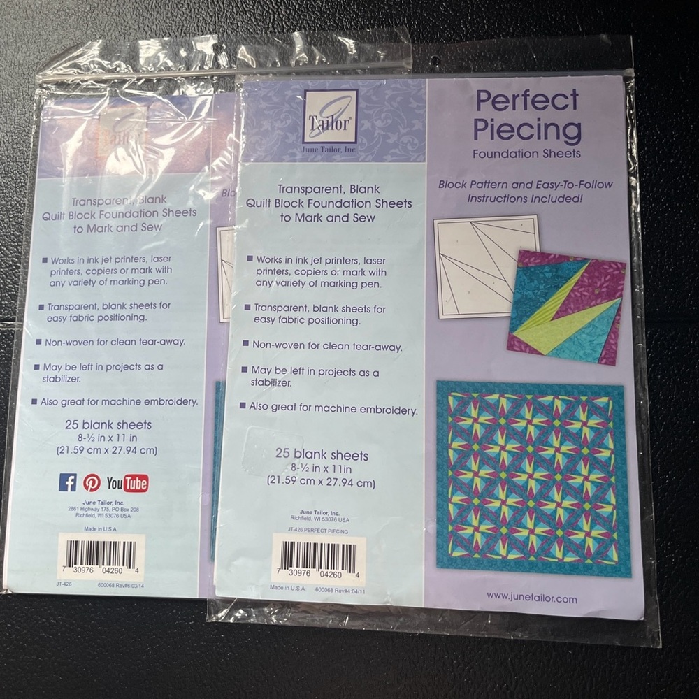 (2)New June Tailor Perfect Piecing Quilting  Foundation Sheets - 25 Sheets Pack